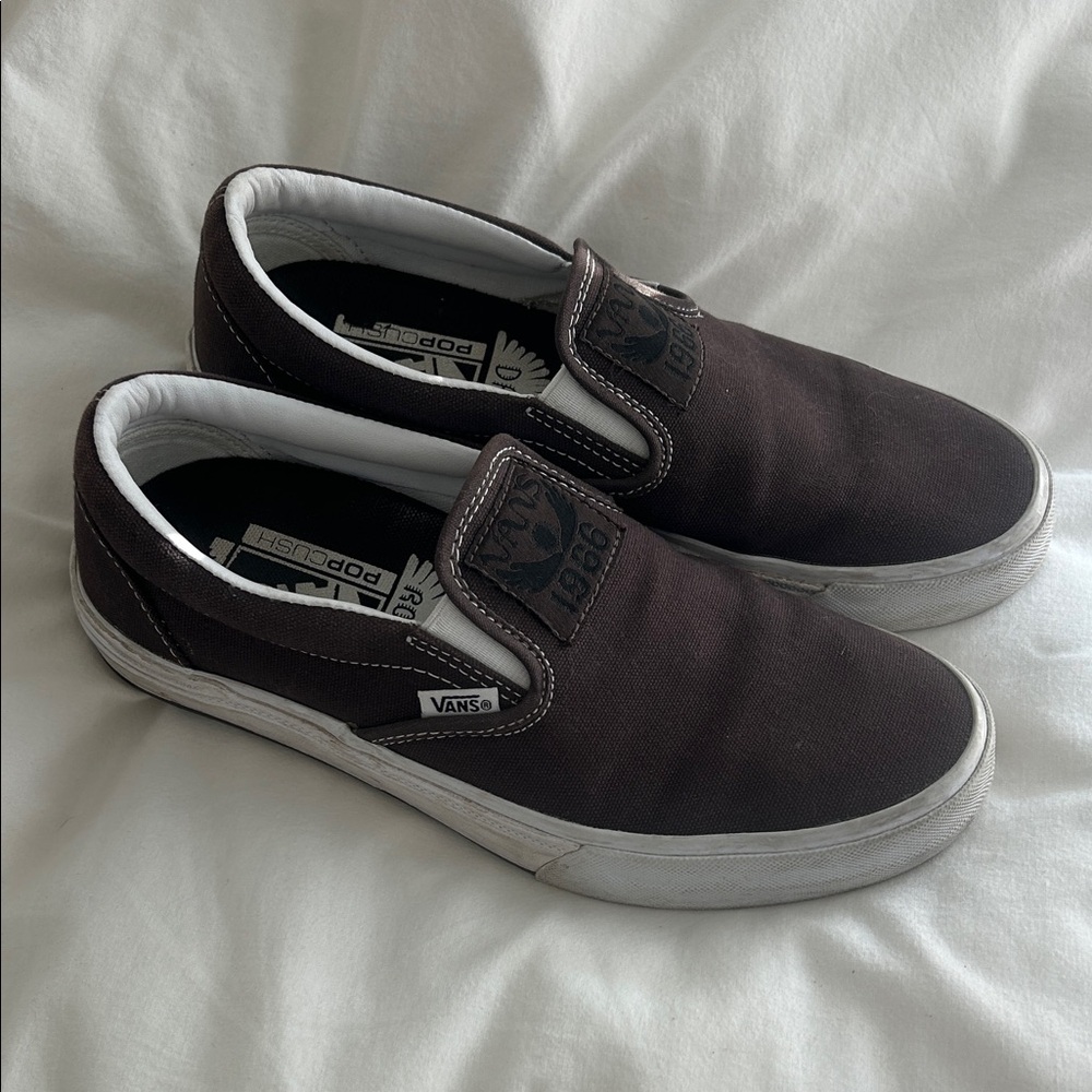 Vans Dakota Roche Slip-On Canvas Loafers in Dark Brown with White Trim
